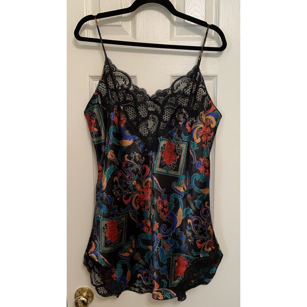 Victorias Secret Womens Size Large Gold Label Black Paisley Chemise Slip VTG